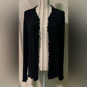 Chico’s Travelers Black Ribbed Knit Ruffle Hem Open Cardigan size 3 Womens